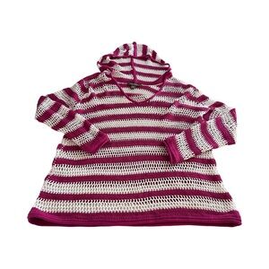 Tommy‎ Bahama Women's Knit Crochet Cotton Pink White Hooded Coverup Medium